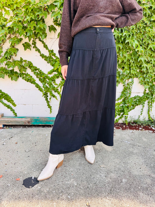 Black High Rise Tiered Long Tencel Skirts - Risen