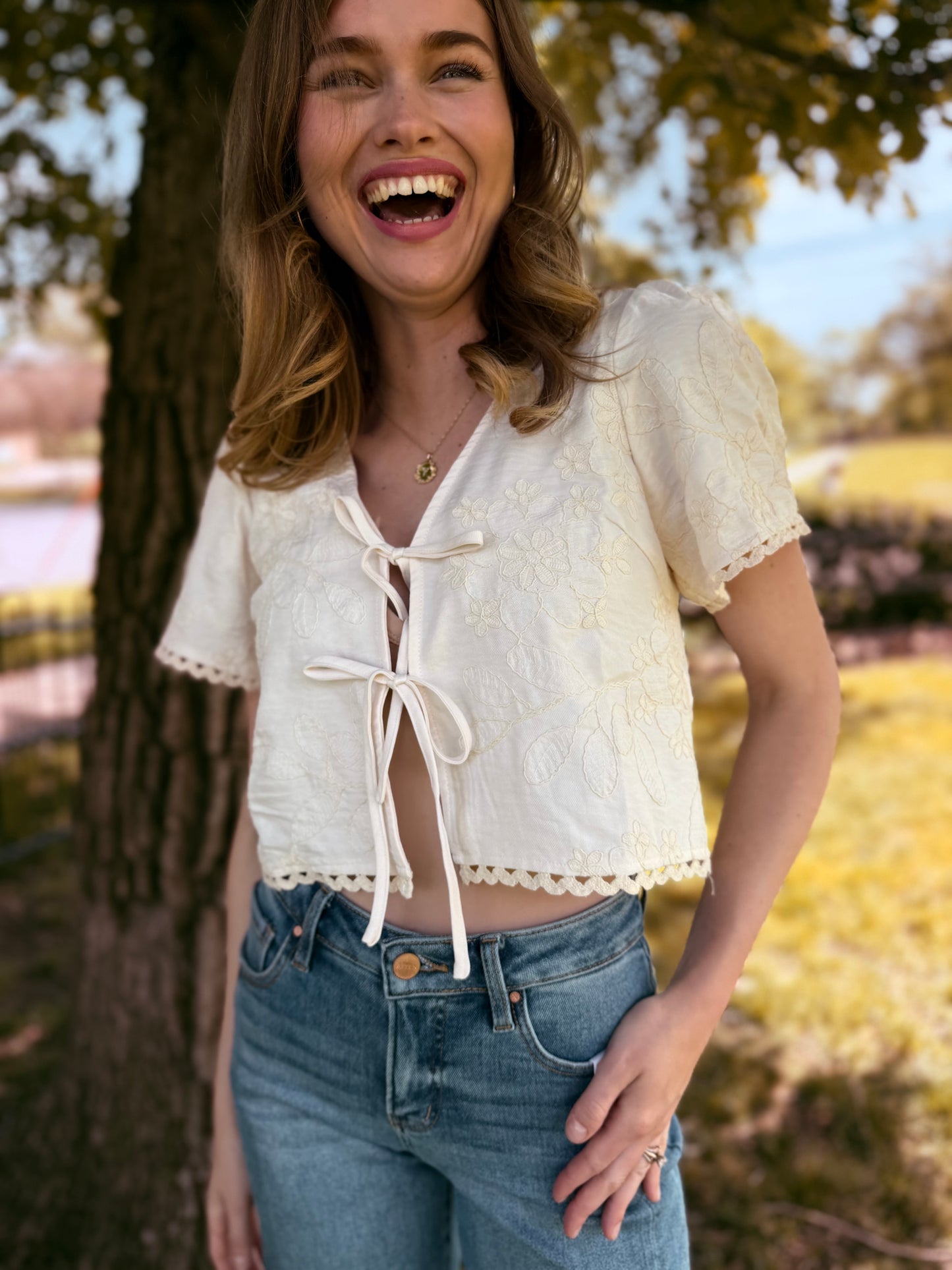 Embroidered Pattern Front Tie Wavy Trim Top