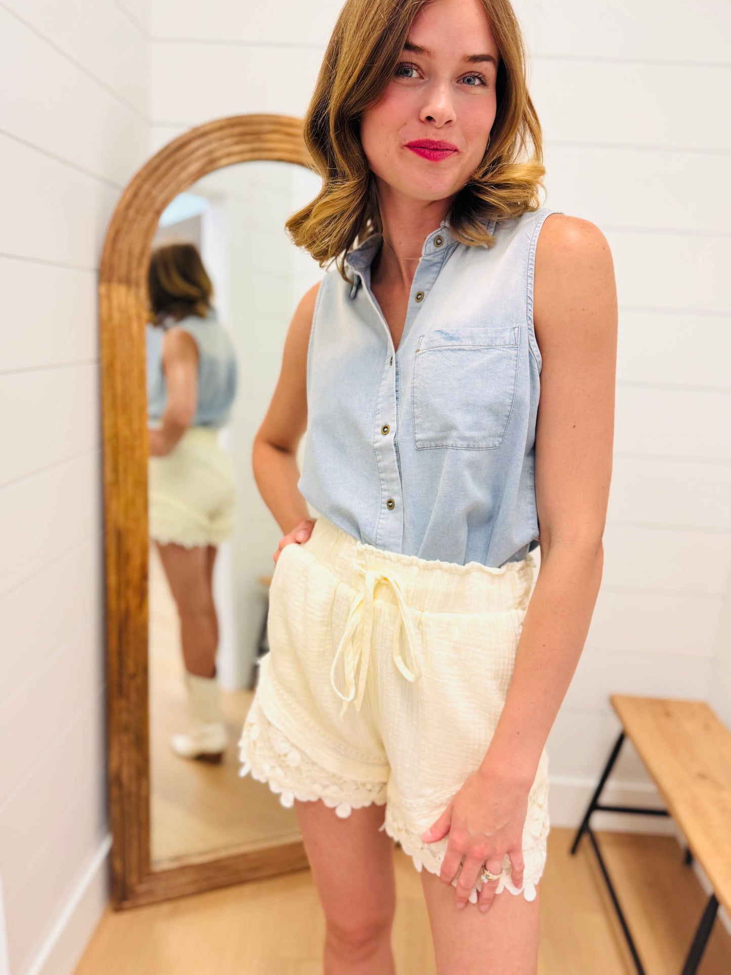 Elastic Waist Shorts with Lace Details