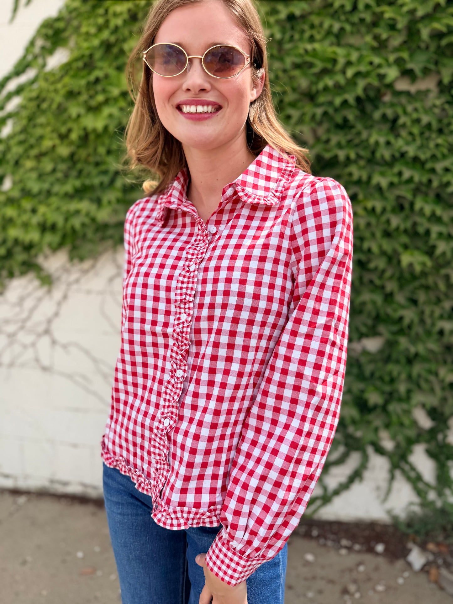 Gingham Frilled Button Down Long Sleeve Shirt
