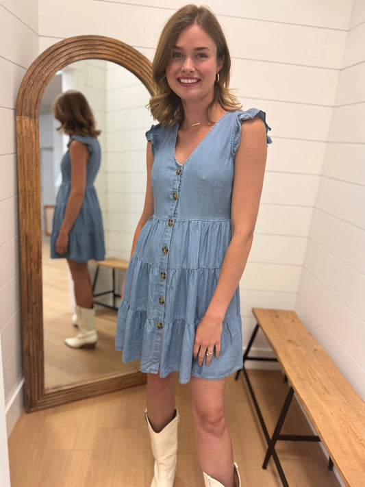 Chambray Tiered Dress with Ruffle Mini Sleeve