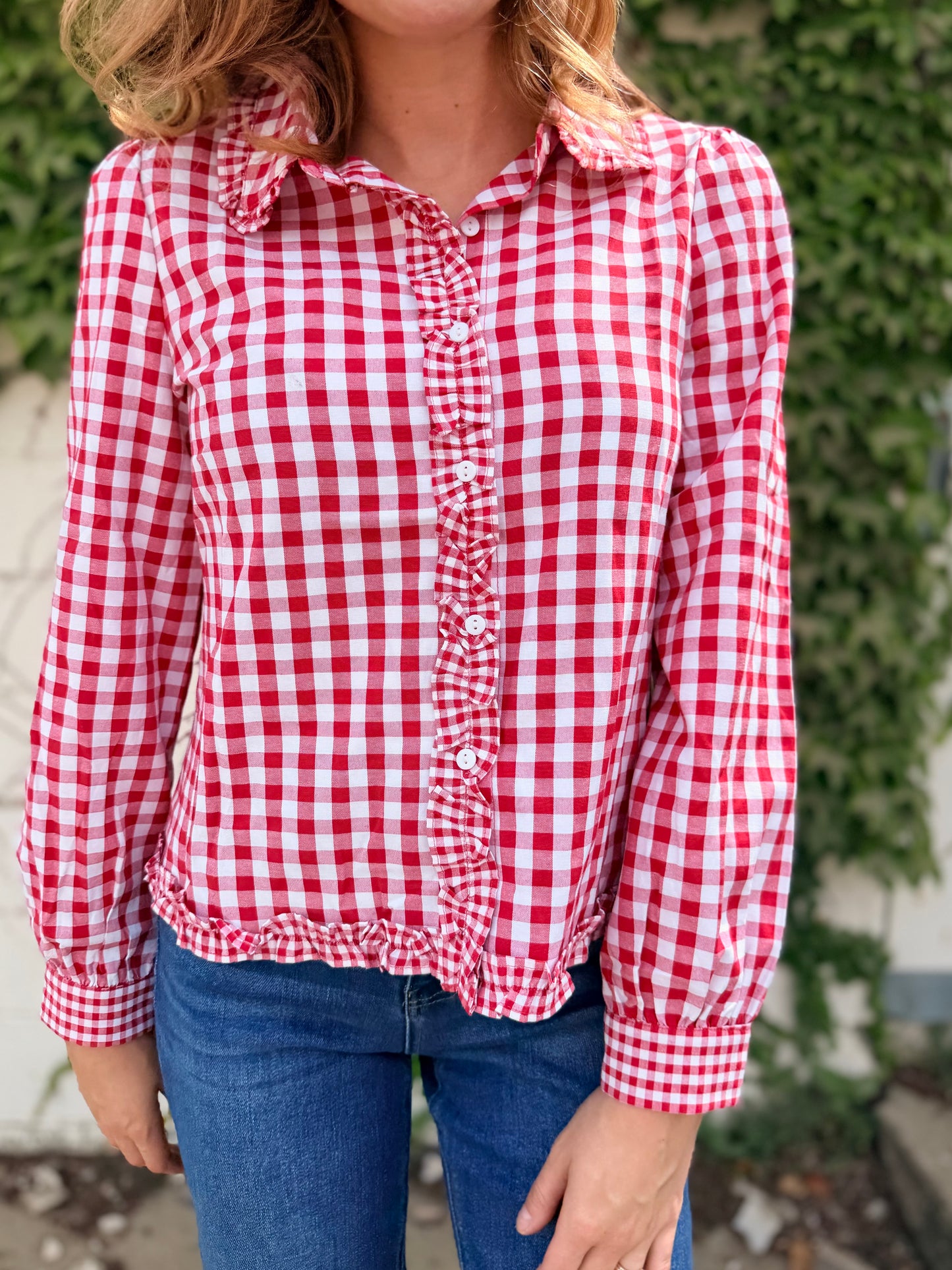 Gingham Frilled Button Down Long Sleeve Shirt