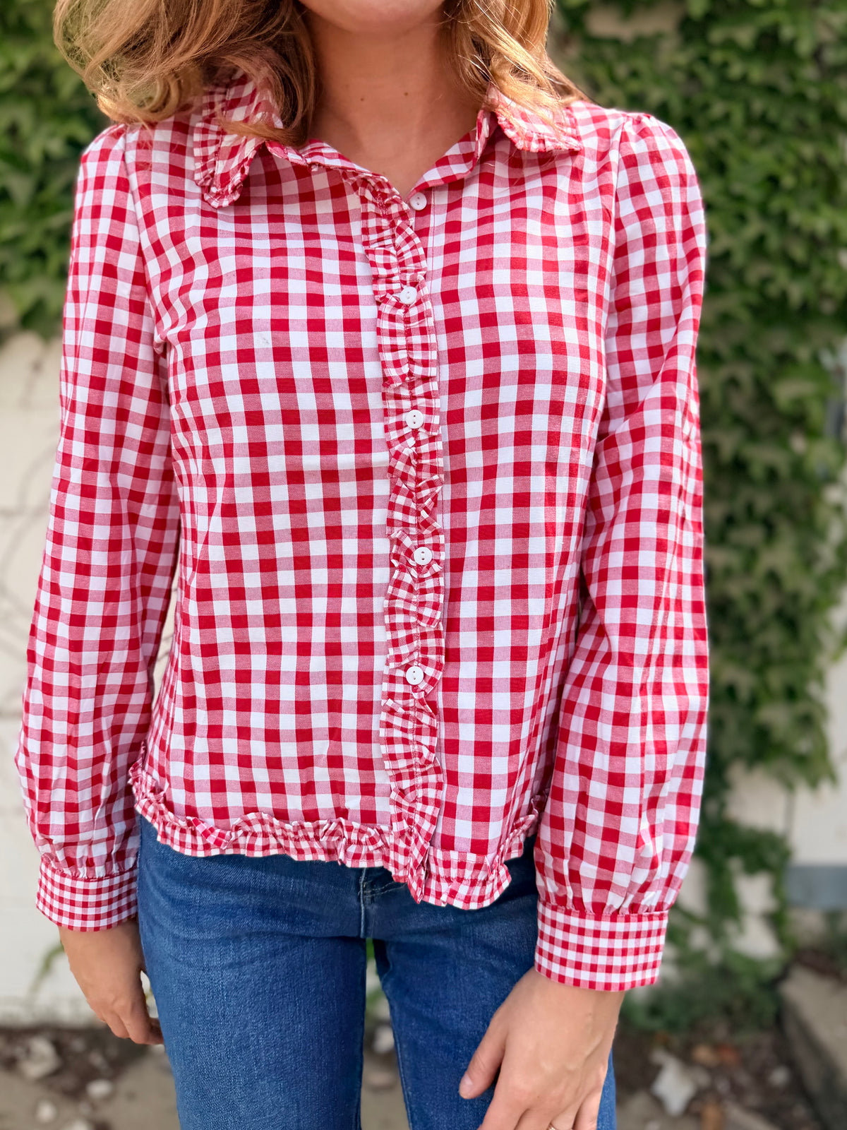 Gingham Frilled Button Down Long Sleeve Shirt