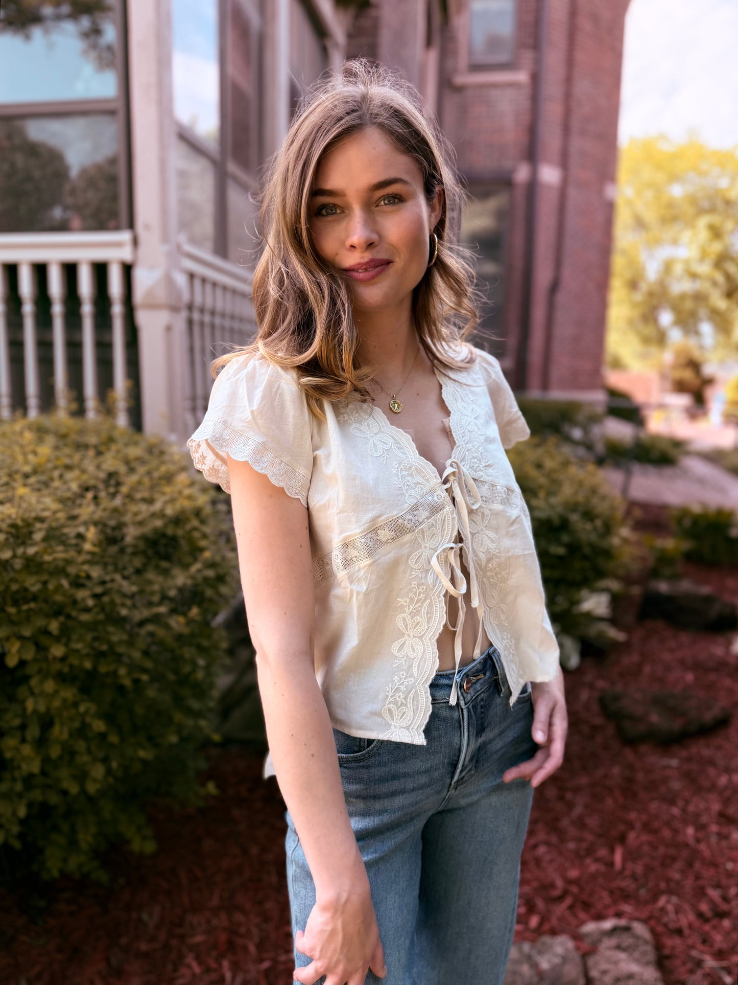 Scalloped Embroidered Front Tie Lace Trim Top