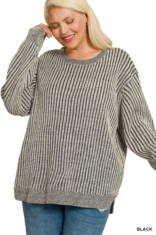 Curved Hem Two-tone Sweater - Plus