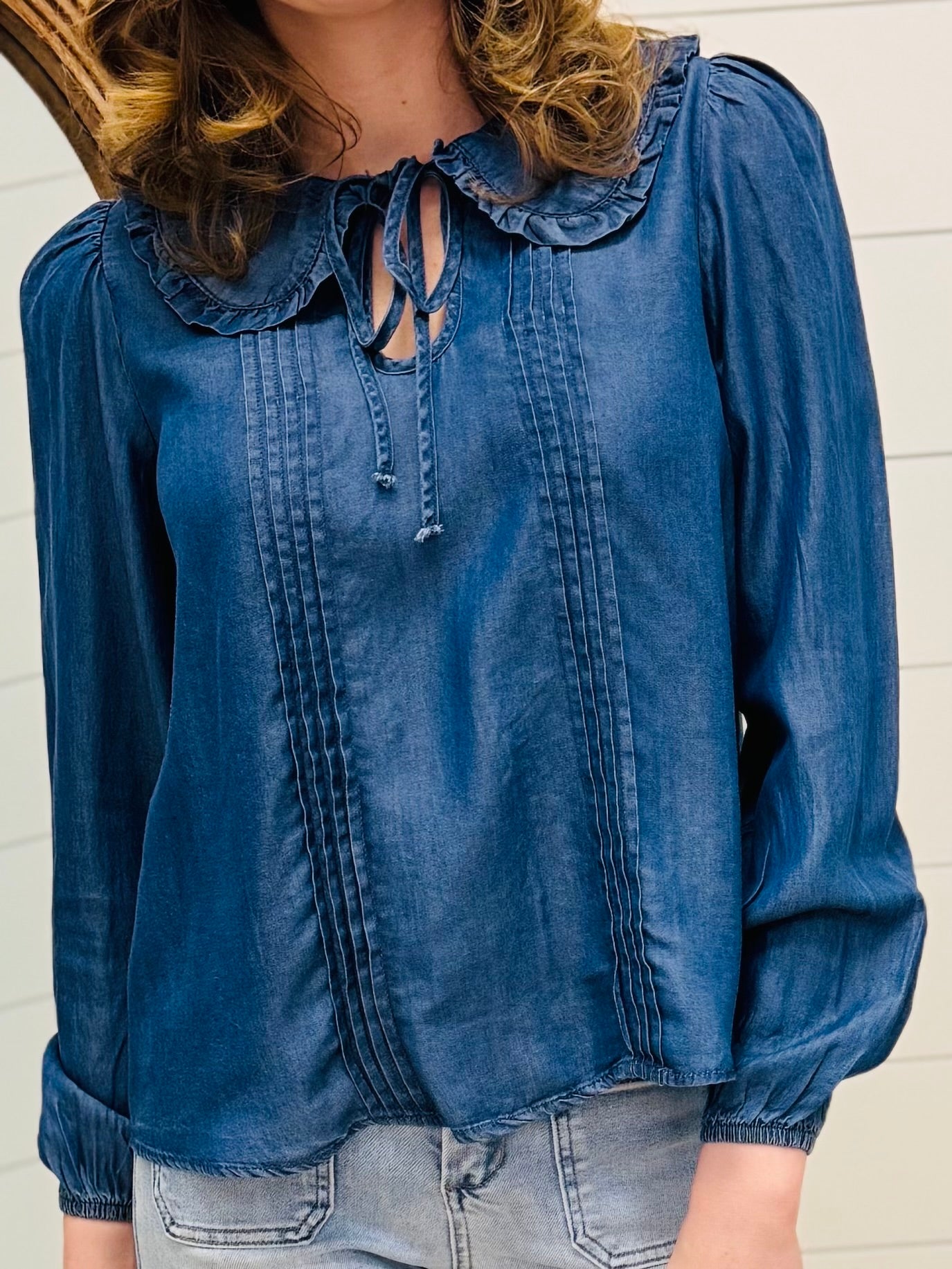 Denim Collared Pintuck Detail Long Sleeve Top