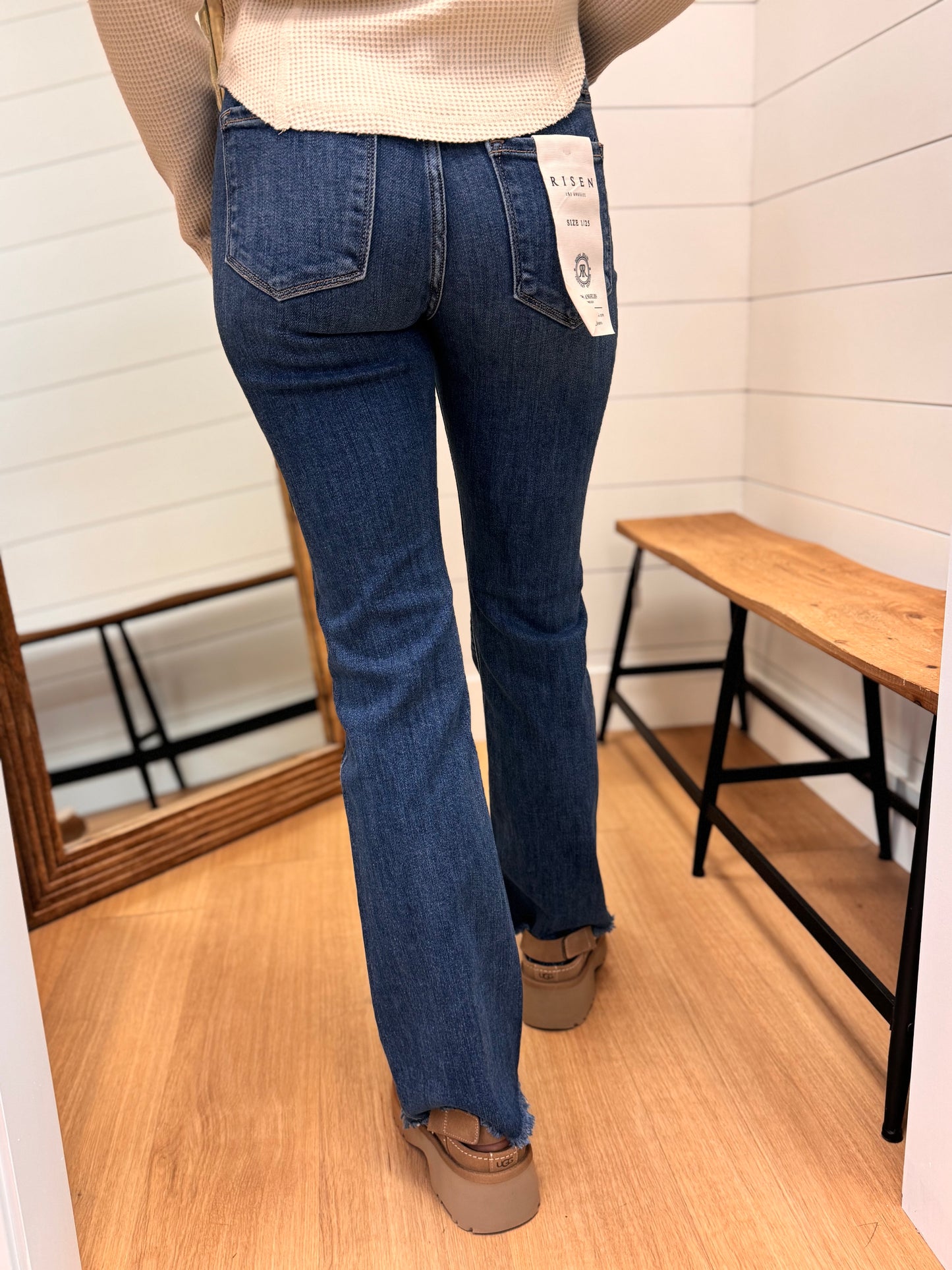 Mid Rise Bootcut Frayed Waistband Hem Detail Jeans