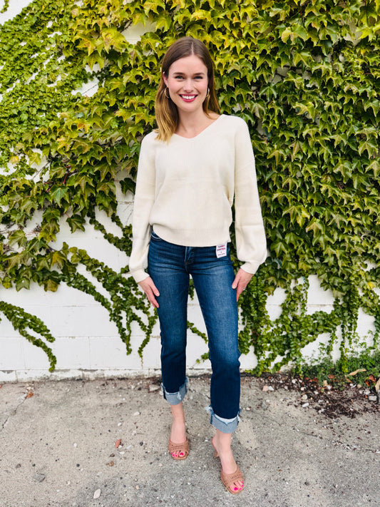 V Neck Drop Shoulder Back Bow Tie Detail Sweater