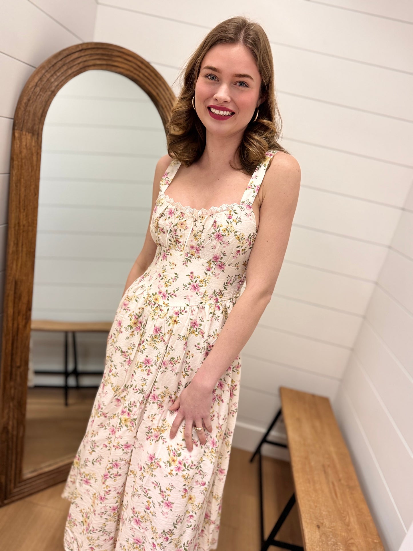 Floral Lace Trim Corset Sleeveless Midi Dress