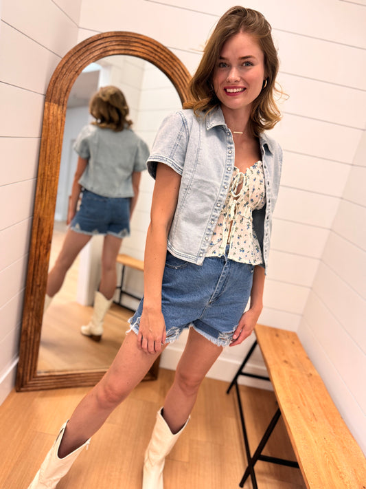 Button Down Denim Short Sleeve Top - Risen