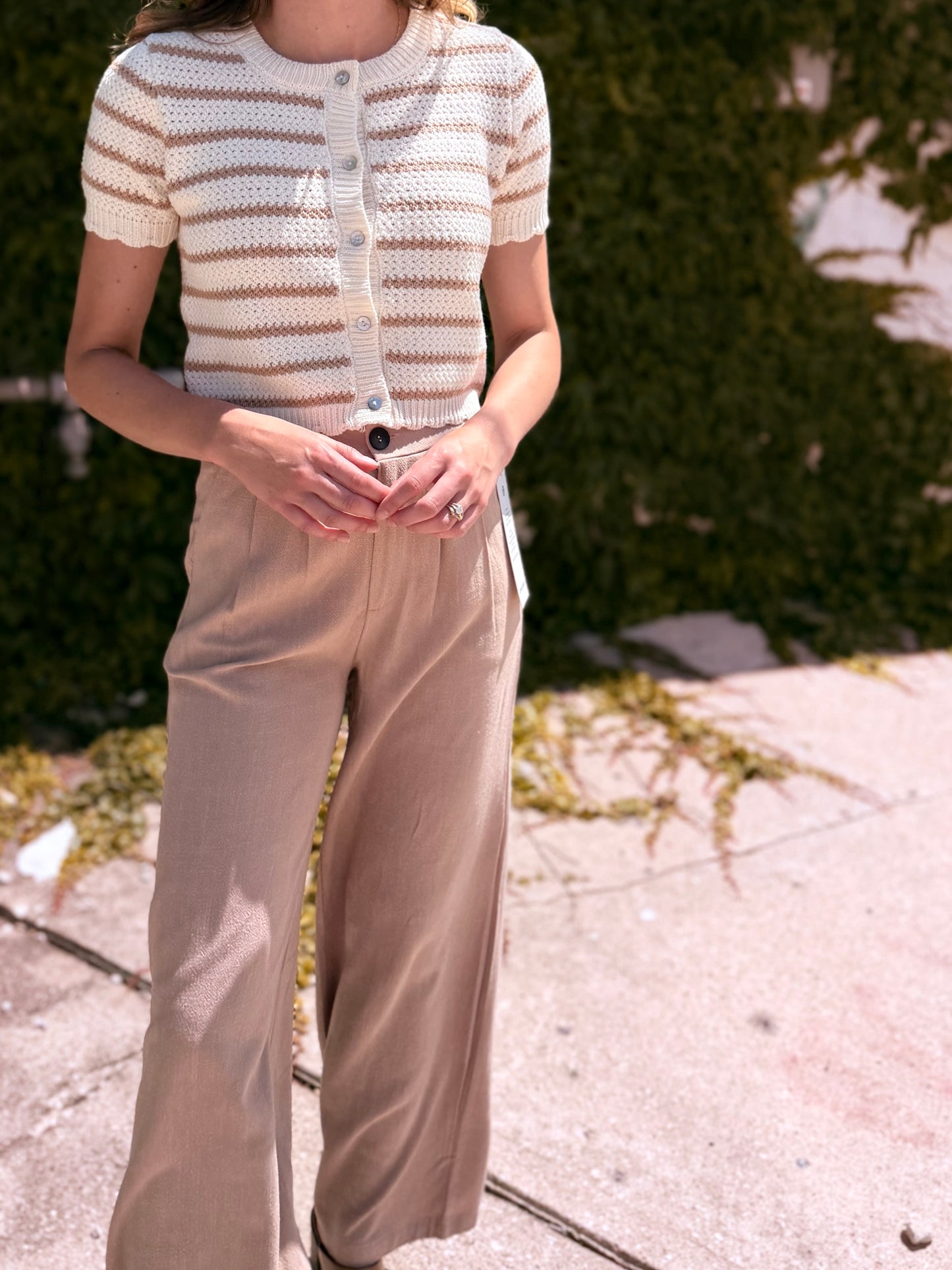 Striped Short Sleeve Cardigan With Scallop Edge