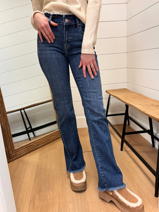 Mid Rise Bootcut Frayed Waistband Hem Detail Jeans