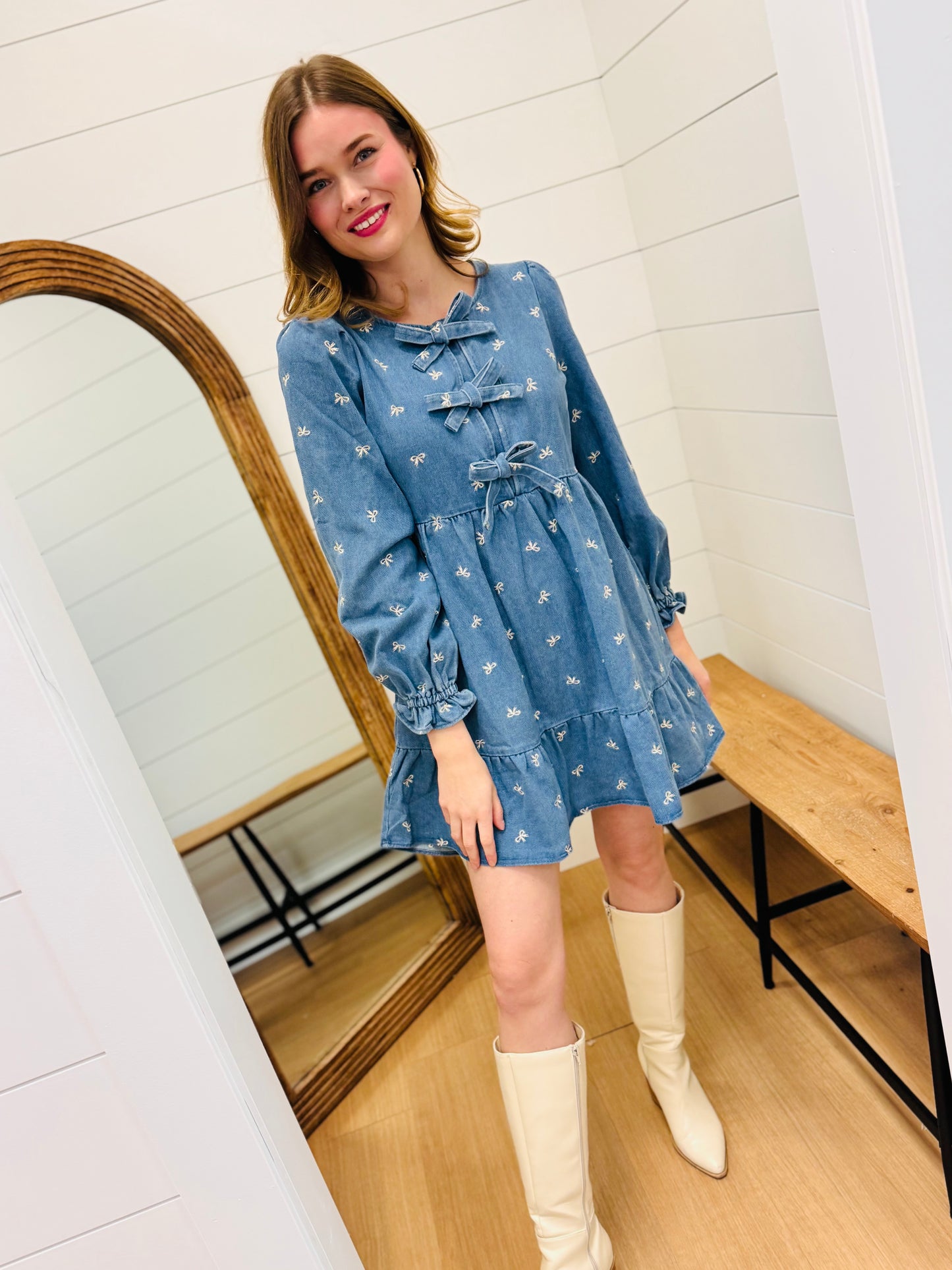 Soft Washed Denim Bow Dress