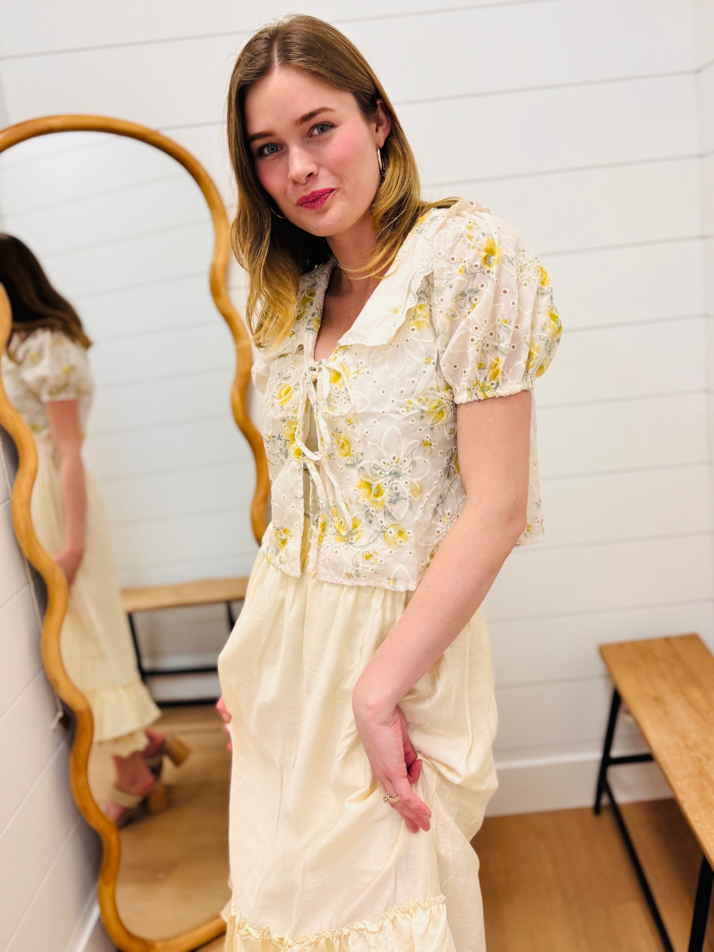 Floral Eyelet Pattern Collared Front Tie Blouse