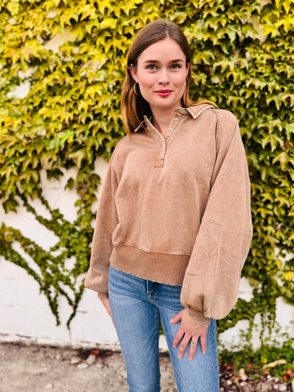 Acid Wash Fleece Button Up Collared Pullover