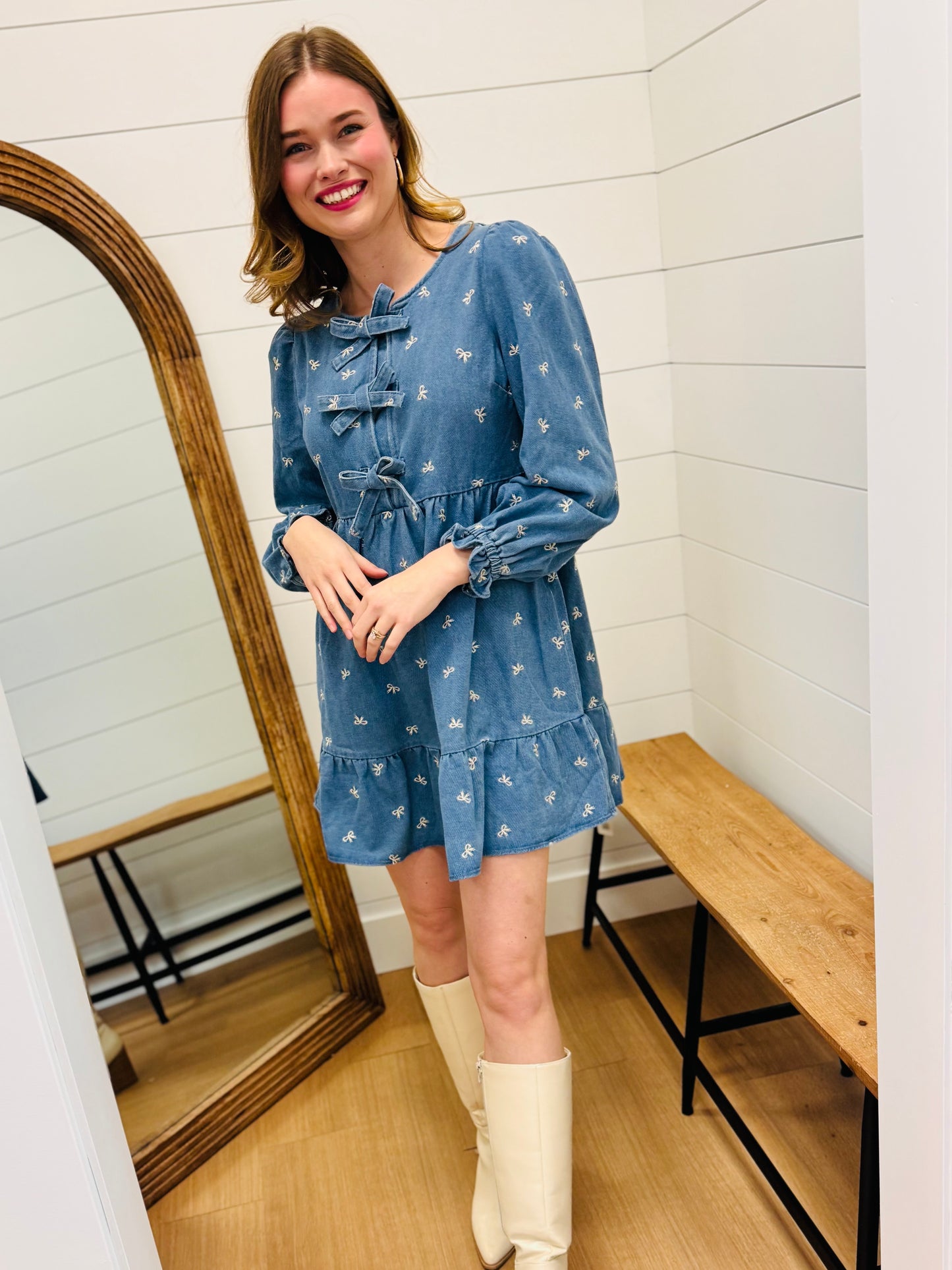 Soft Washed Denim Bow Dress