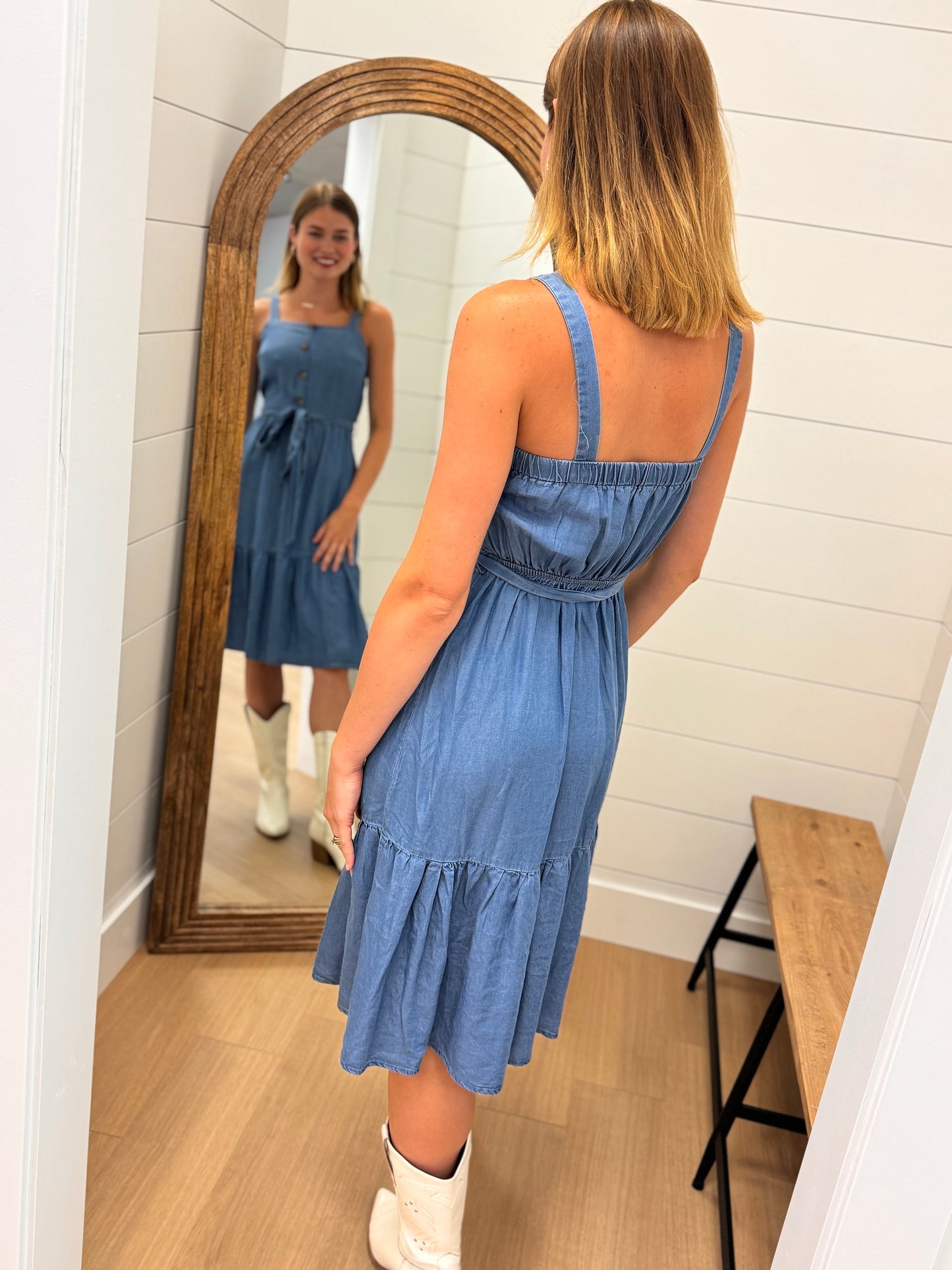 Chambray Tiered Dress with Faux Buttons
