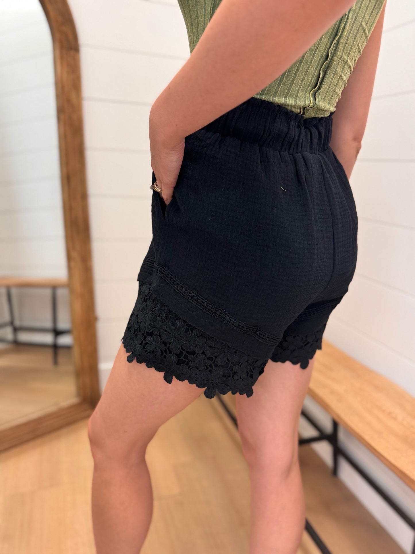 Elastic Waist Shorts with Lace Details