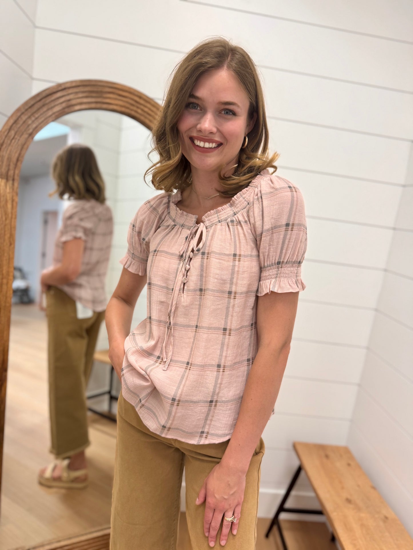 Plaid Split Tie Neck Top