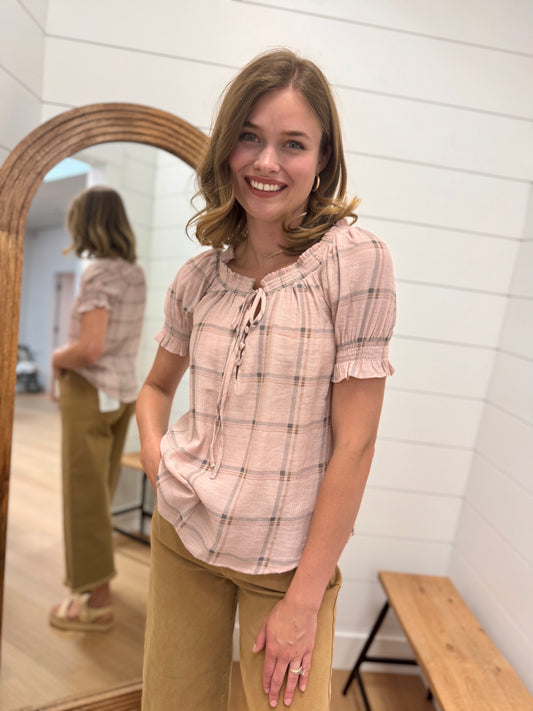 Plaid Split Tie Neck Top