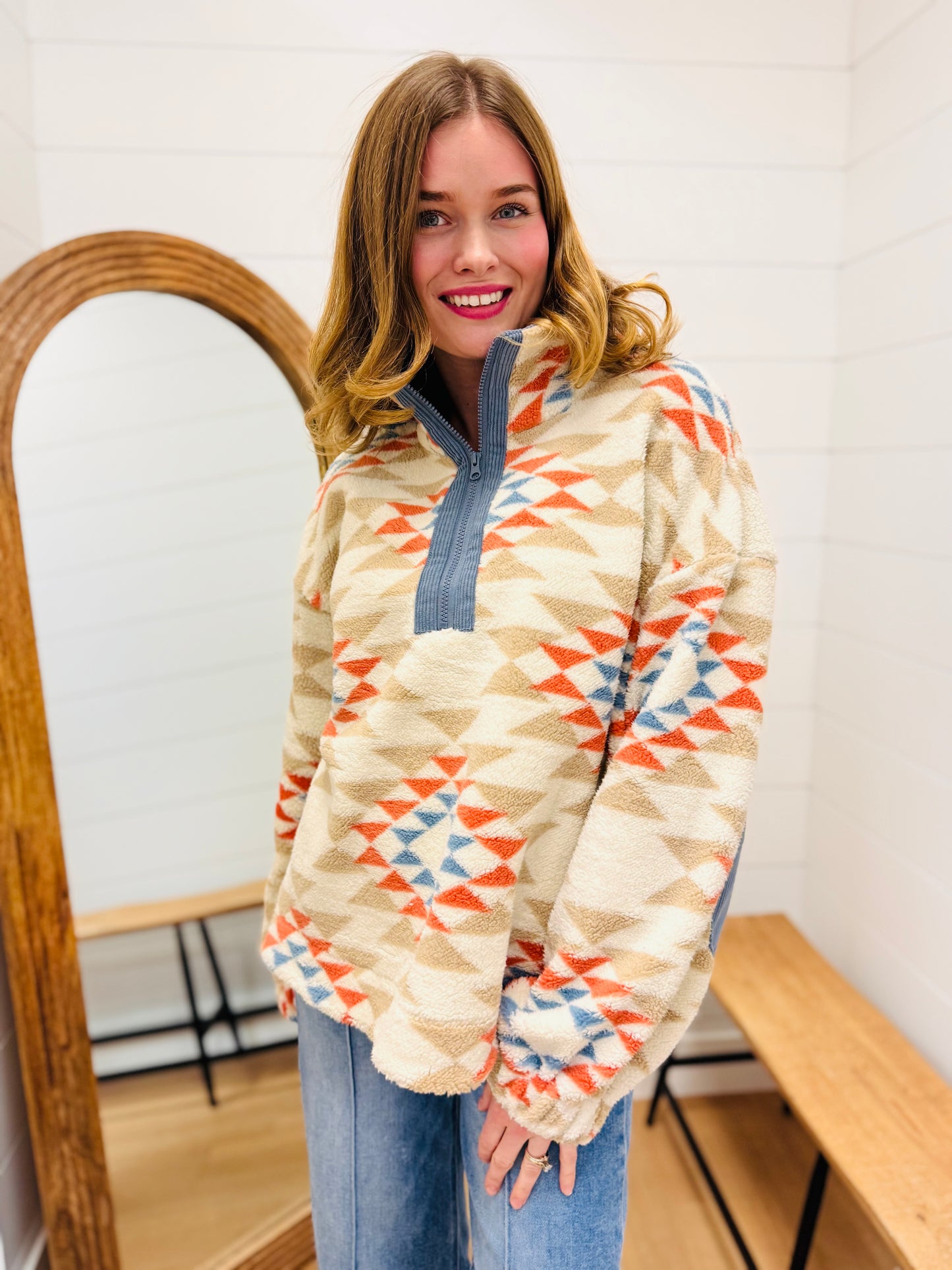 Half Zip Up Aztec Fleece Pullover Top