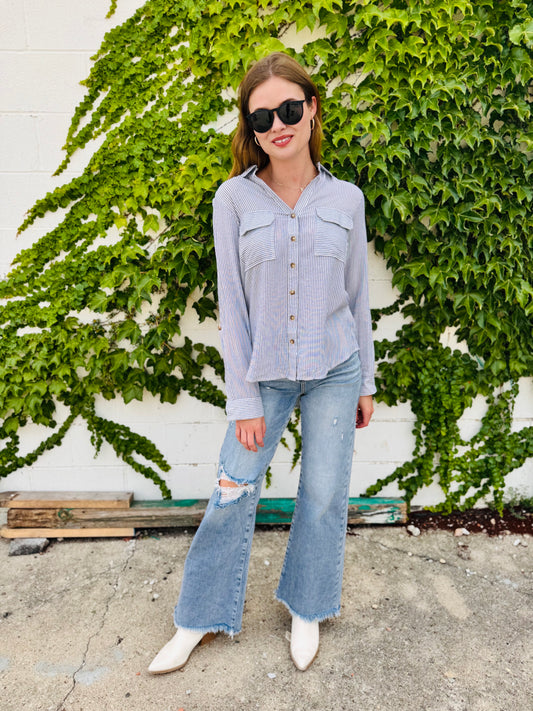 Striped Collared Button Down Top