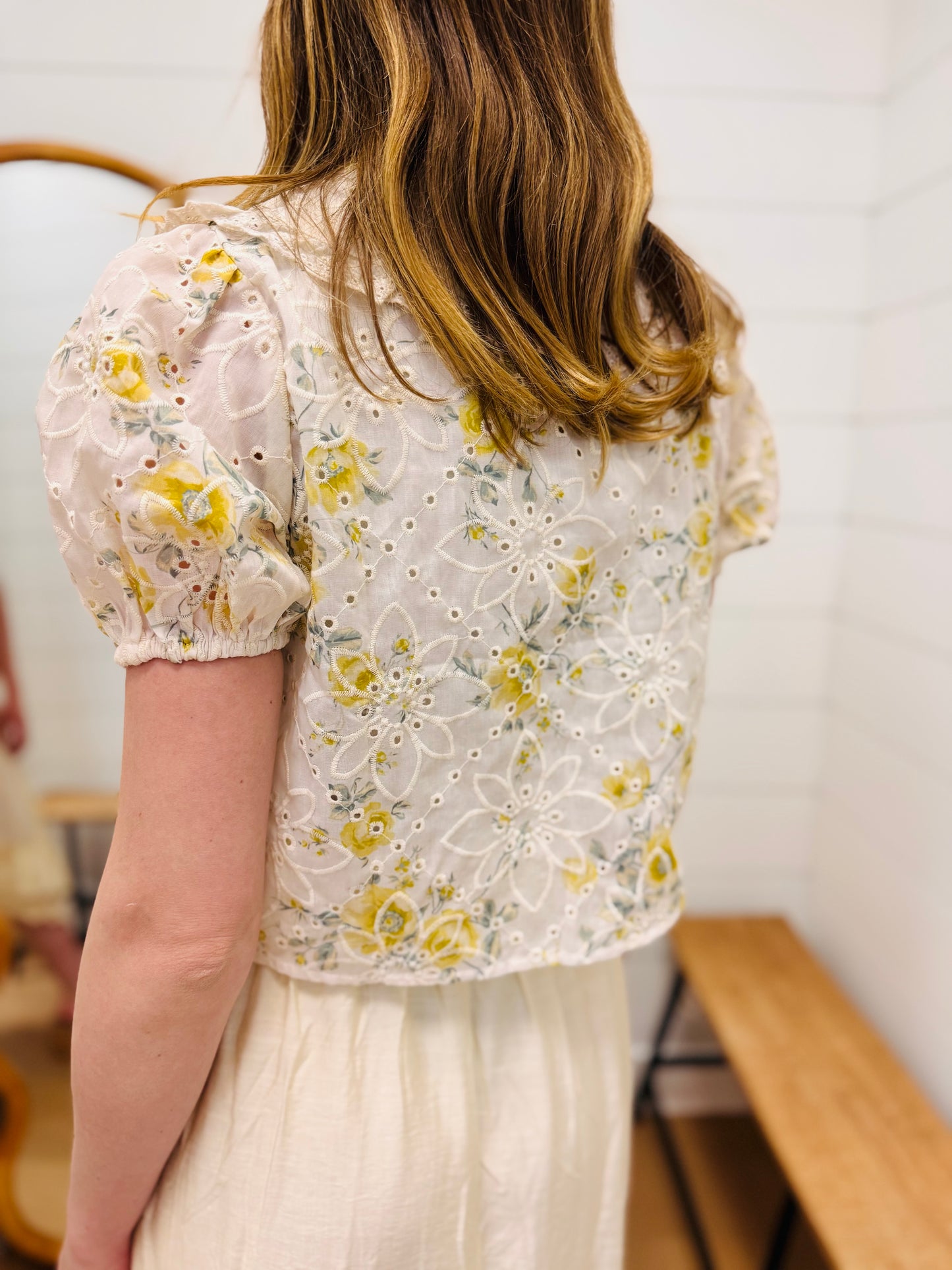 Floral Eyelet Pattern Collared Front Tie Blouse