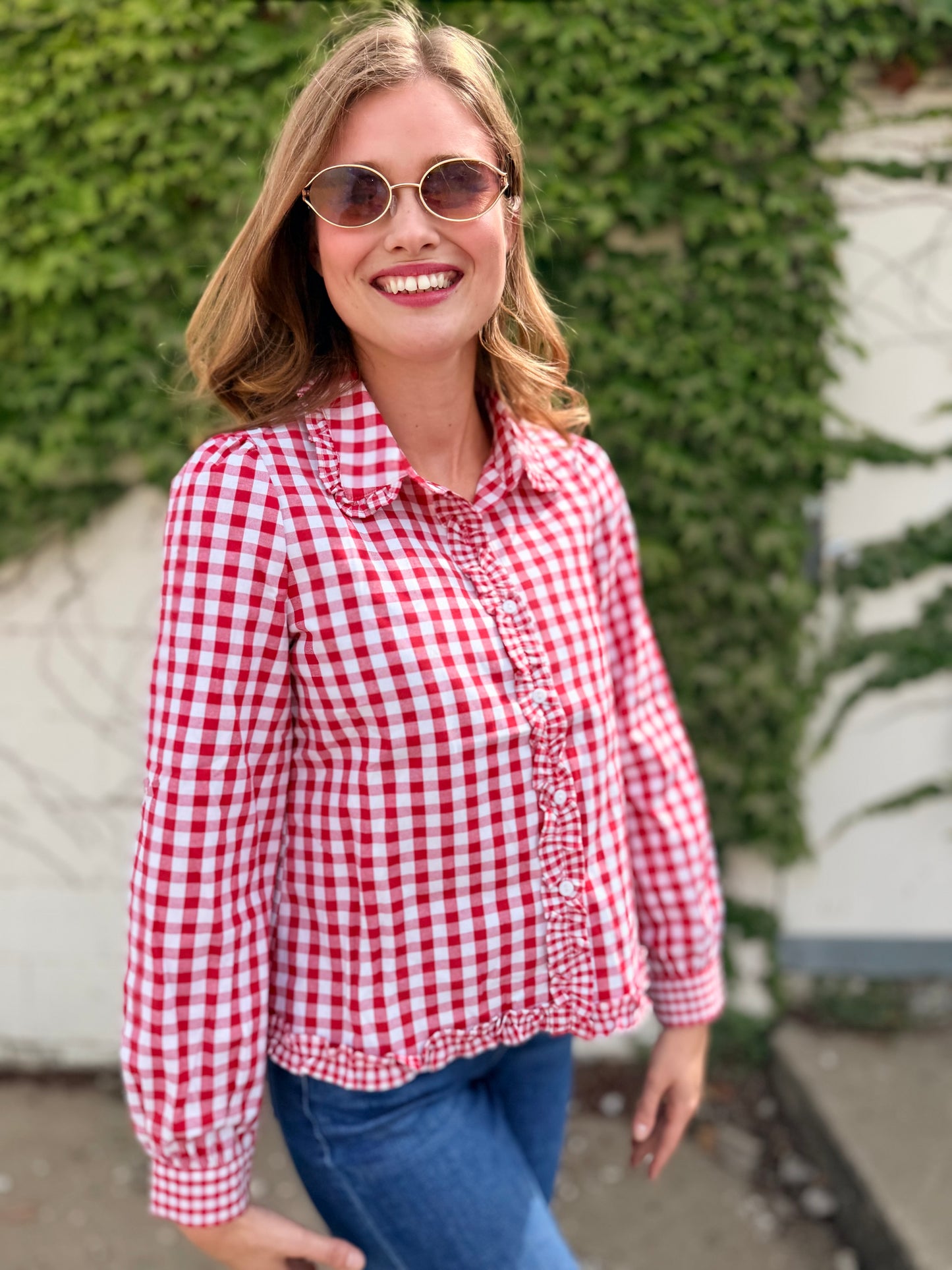 Gingham Frilled Button Down Long Sleeve Shirt