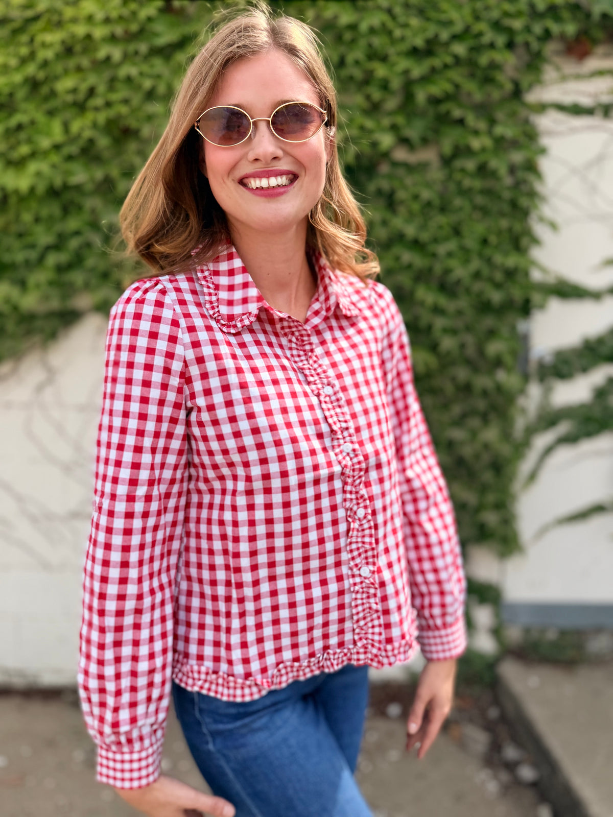 Gingham Frilled Button Down Long Sleeve Shirt