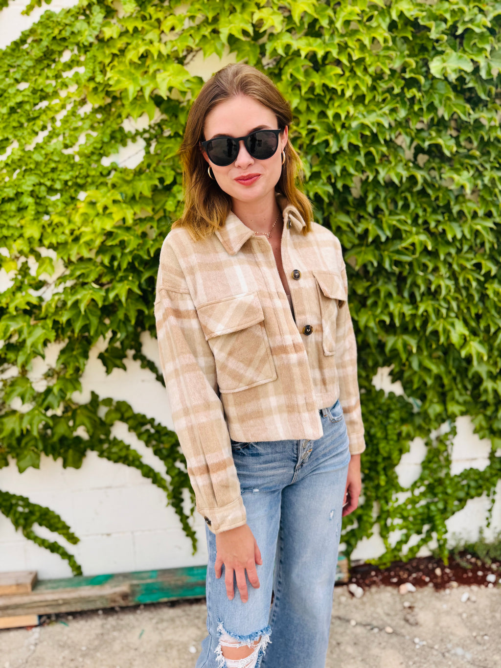 Button-down Short Plaid Shacket - Khaki