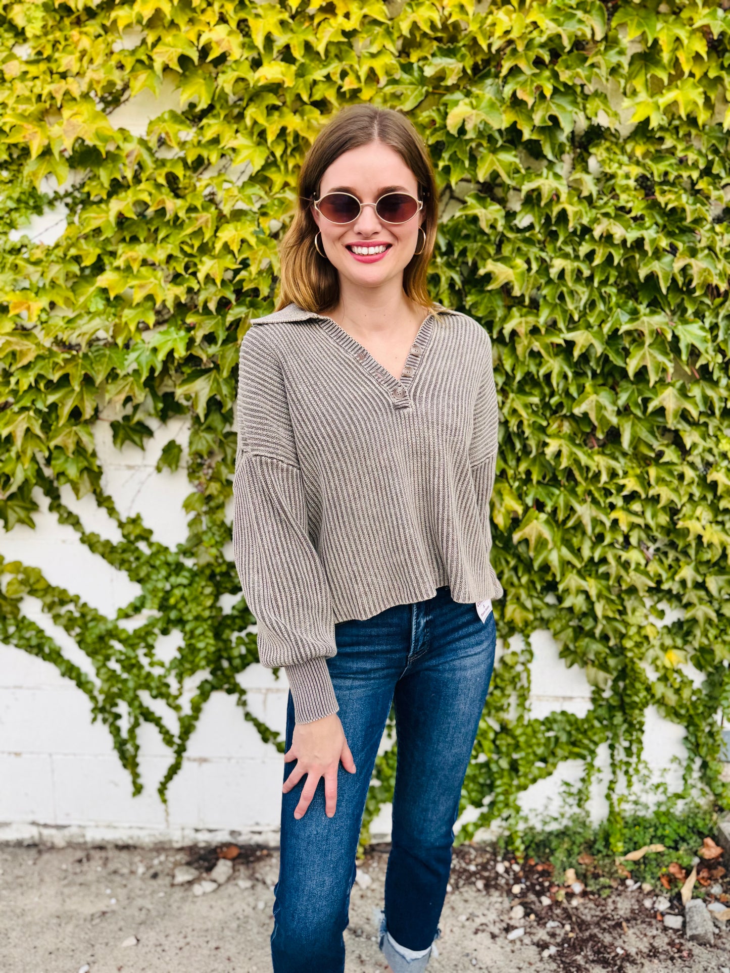 Washed Collared Henley Shirts Sweater