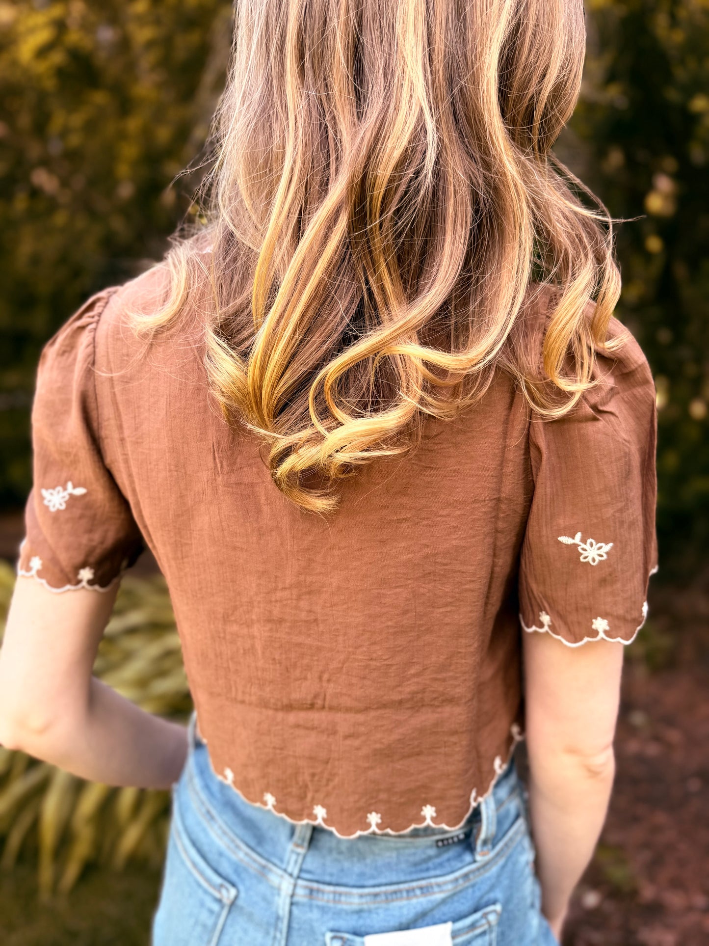 Bird Embroidery Short Sleeve Front Tie Top