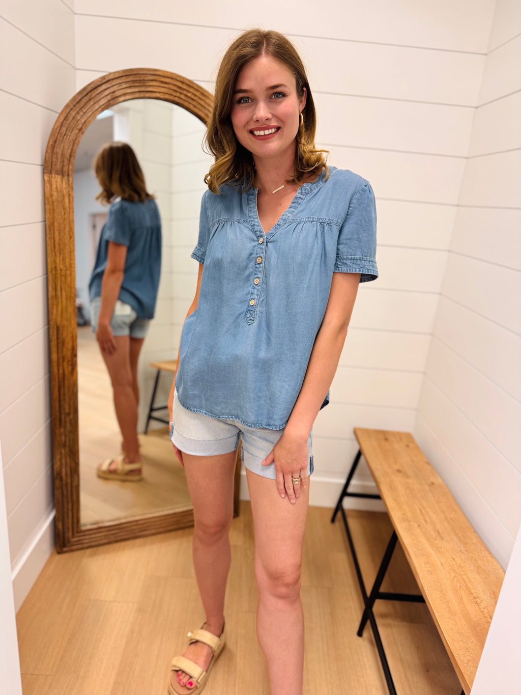 Chambray Half Button Down Top