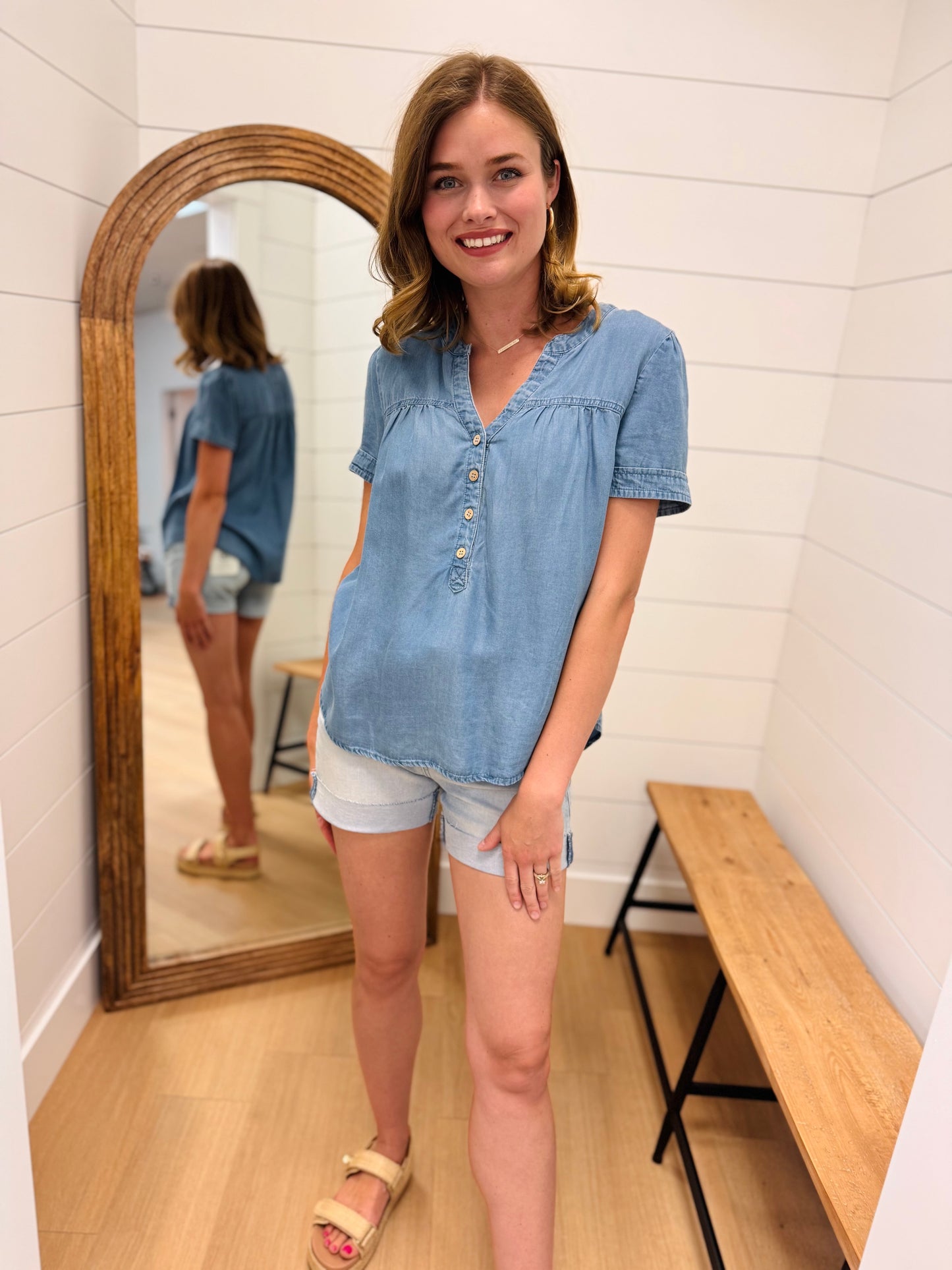 Chambray Half Button Down Top