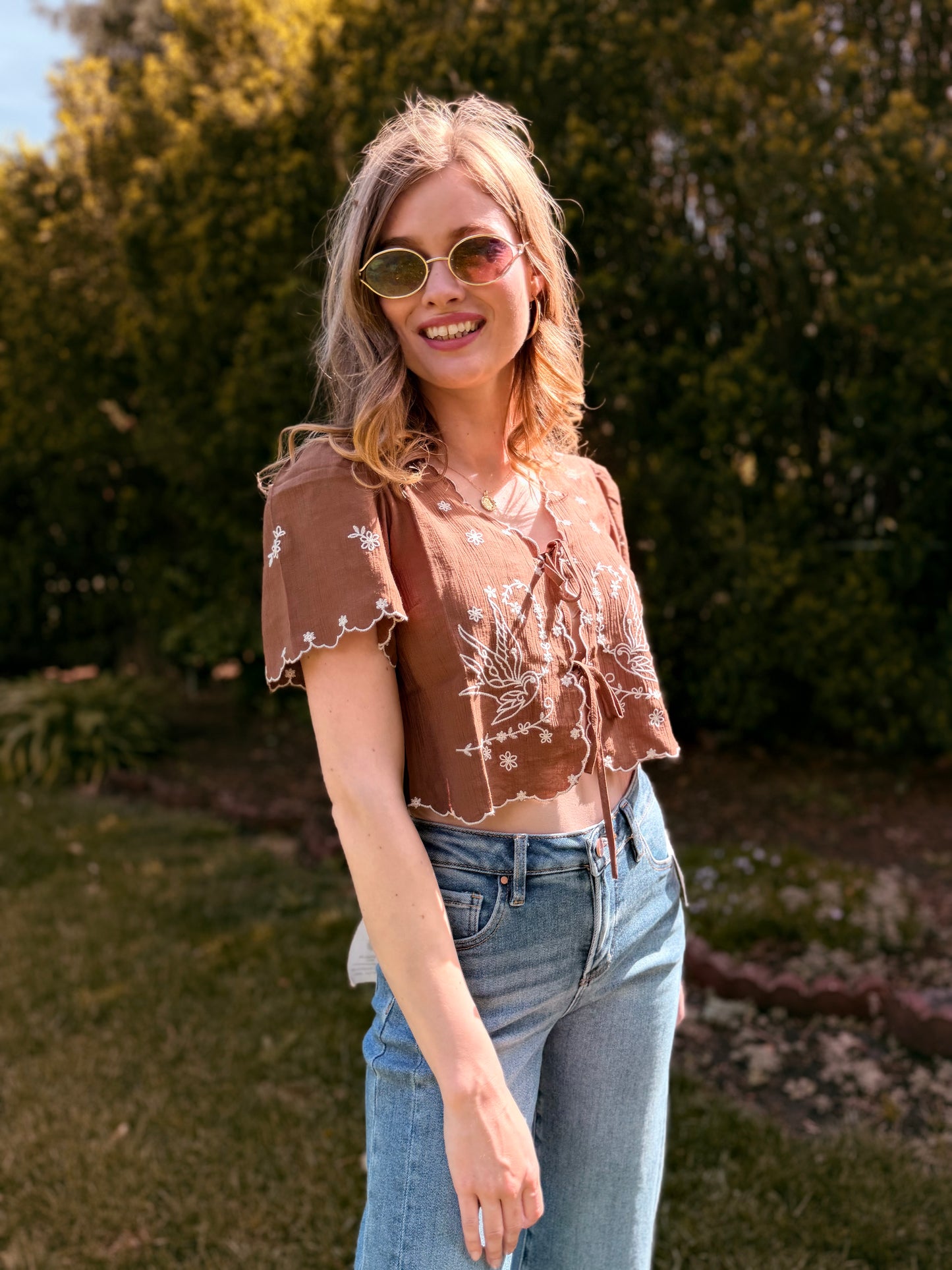 Bird Embroidery Short Sleeve Front Tie Top