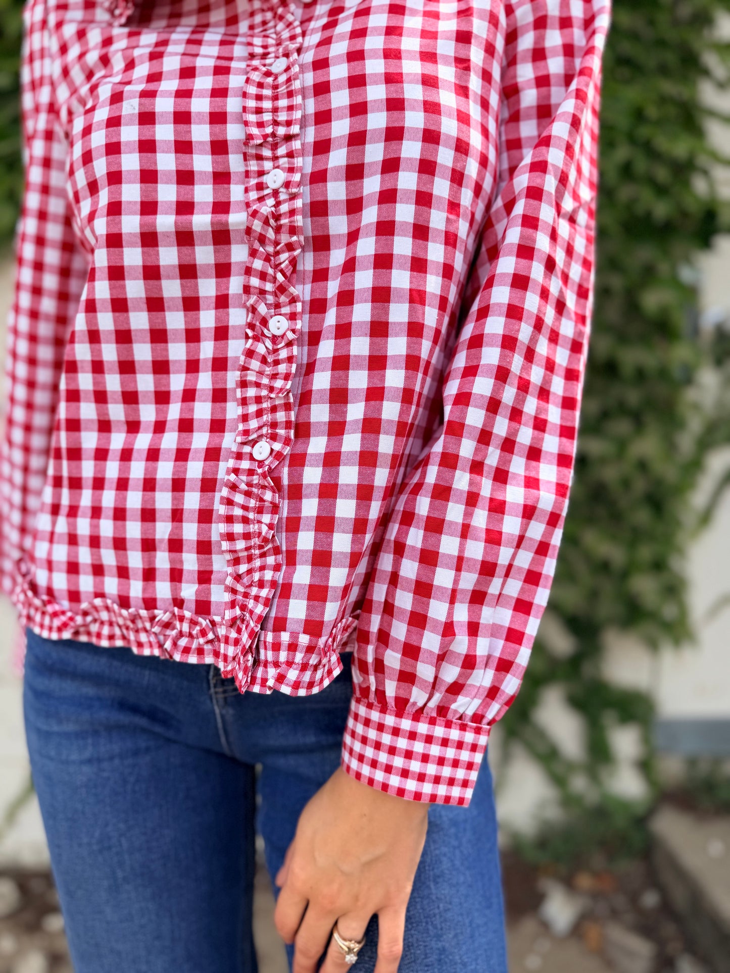 Gingham Frilled Button Down Long Sleeve Shirt