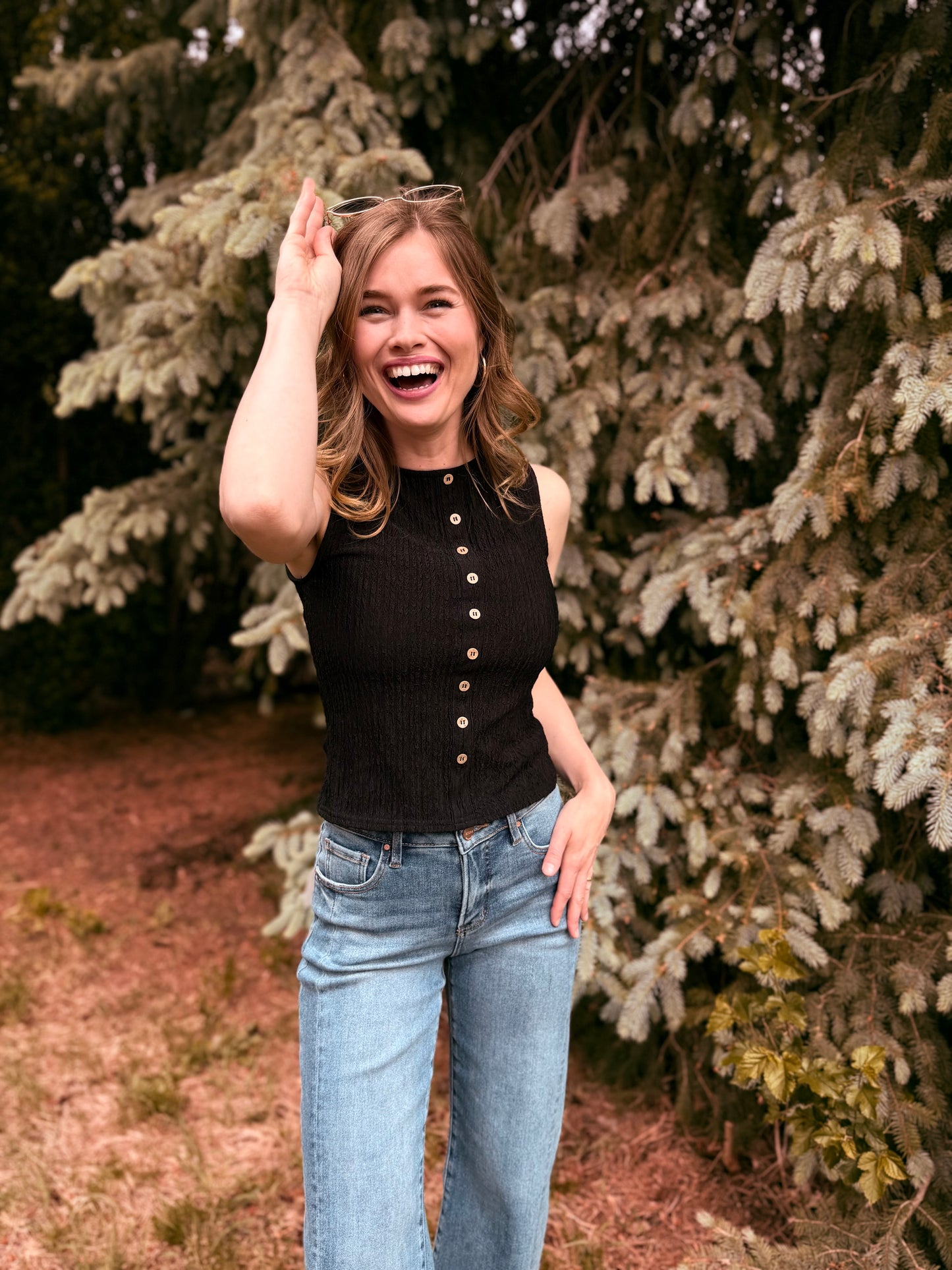 Textured Button Sleeveless Top
