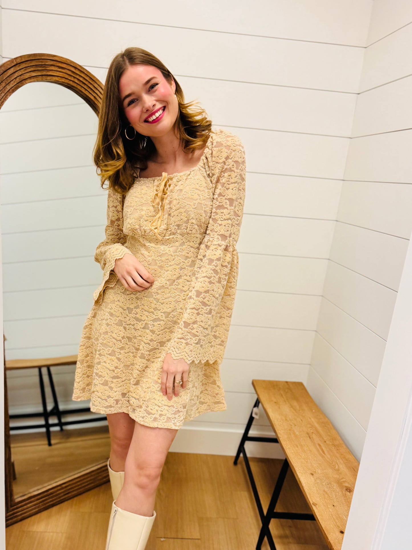 Textured Lace Bell Sleeve Dress