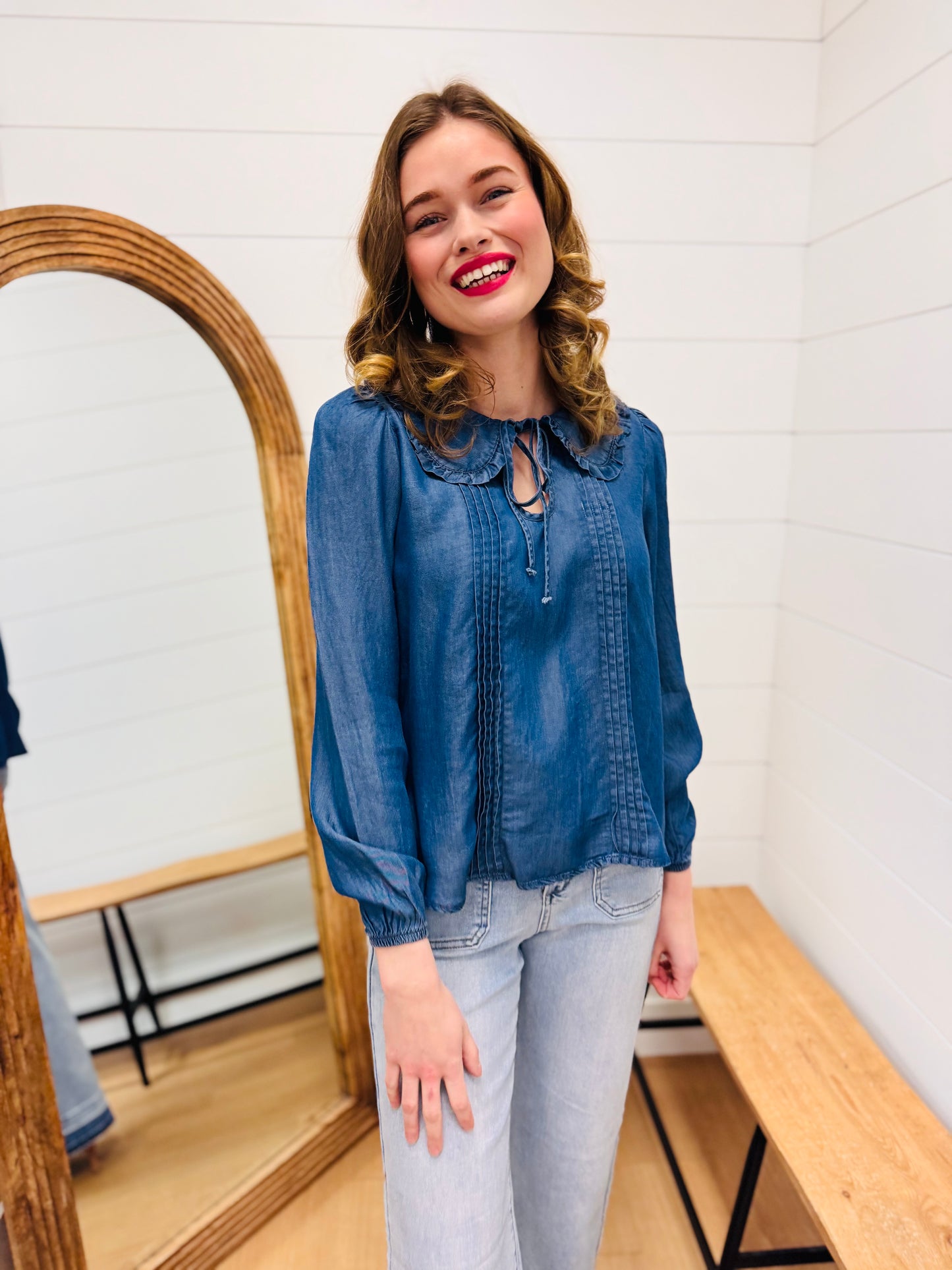 Denim Collared Pintuck Detail Long Sleeve Top