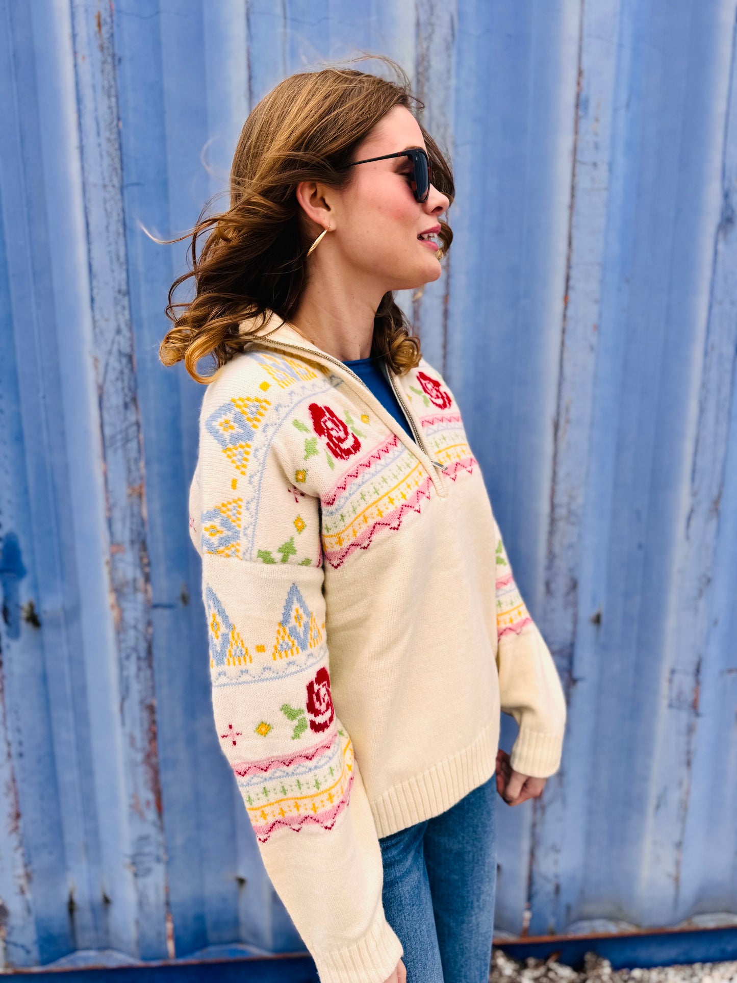 Rose Fair Isle Half Zip Knit Pullover Sweater