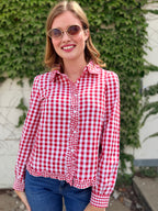 Gingham Frilled Button Down Long Sleeve Shirt