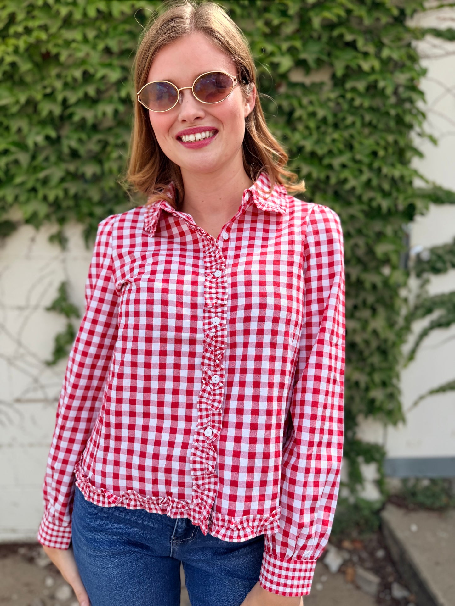 Gingham Frilled Button Down Long Sleeve Shirt