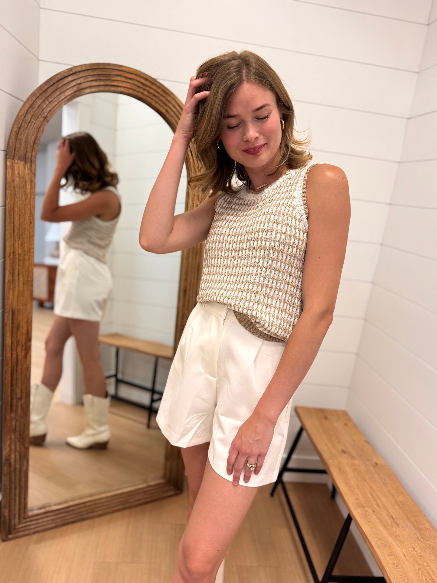Tan + White Crochet Pullover Tank