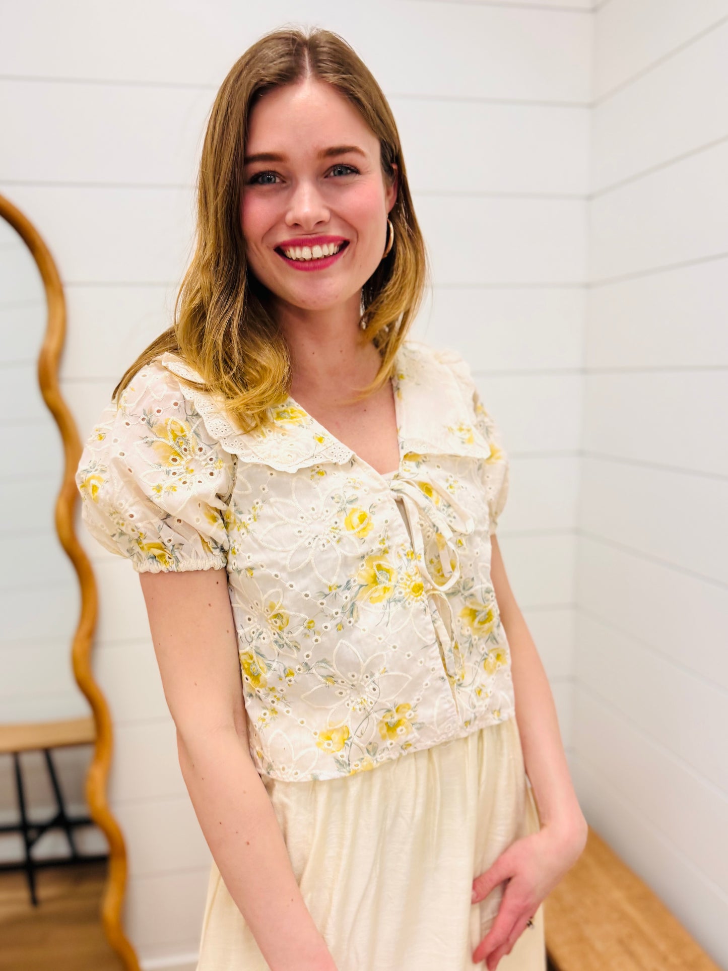 Floral Eyelet Pattern Collared Front Tie Blouse