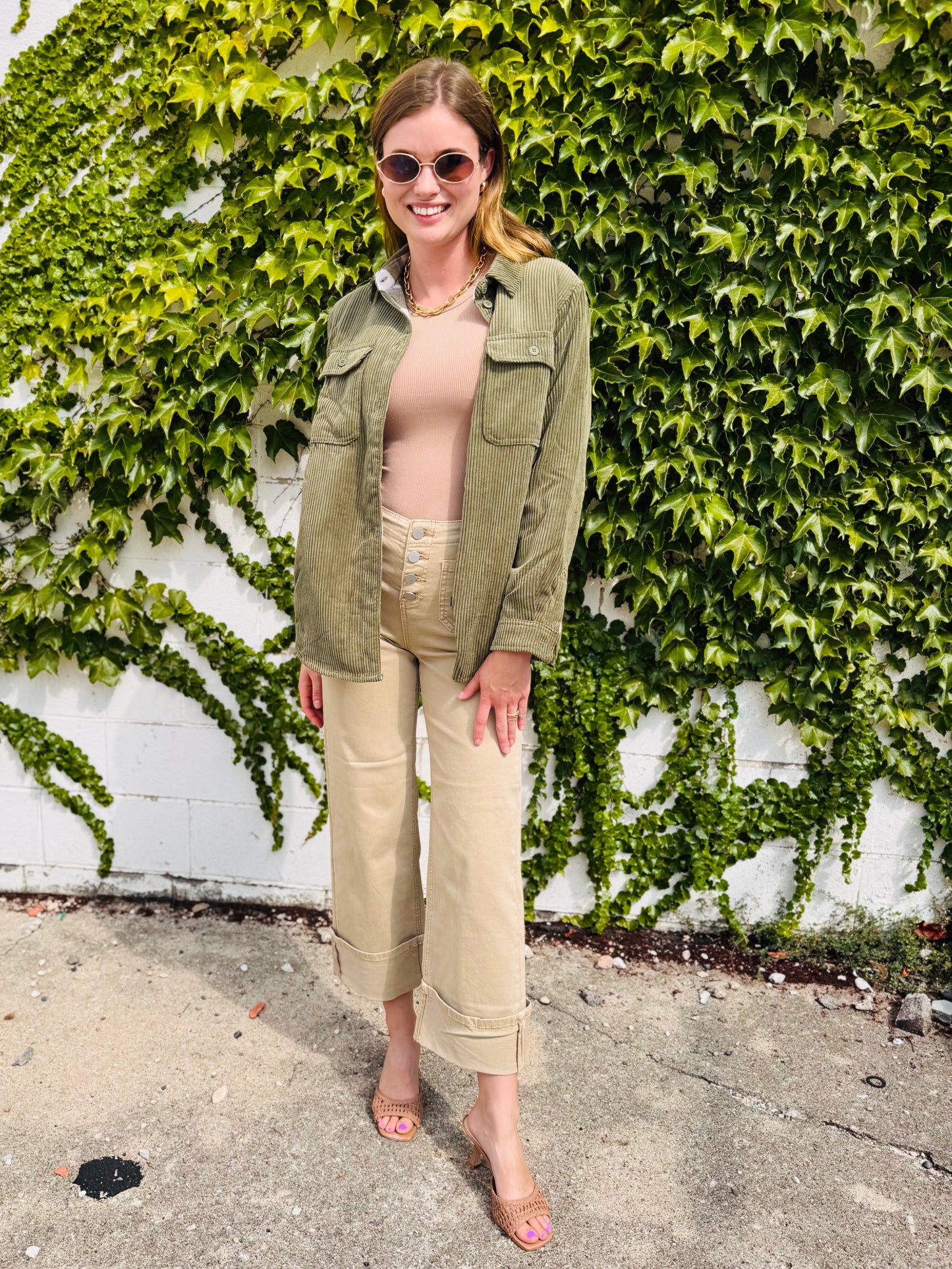 Corduroy Reversible Button Down Jacket - Olive
