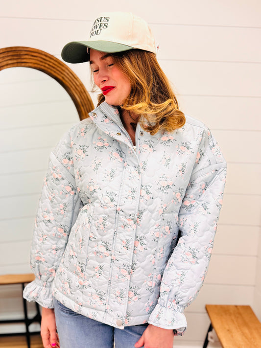Floral Print Quilted Oversized Casual Jacket
