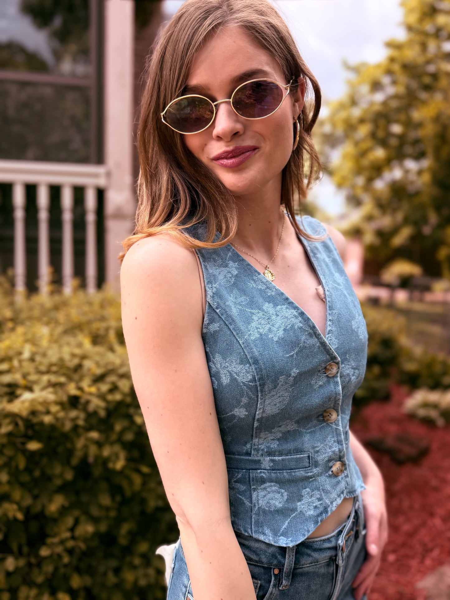 Floral Jacquard Button Down Denim Vest