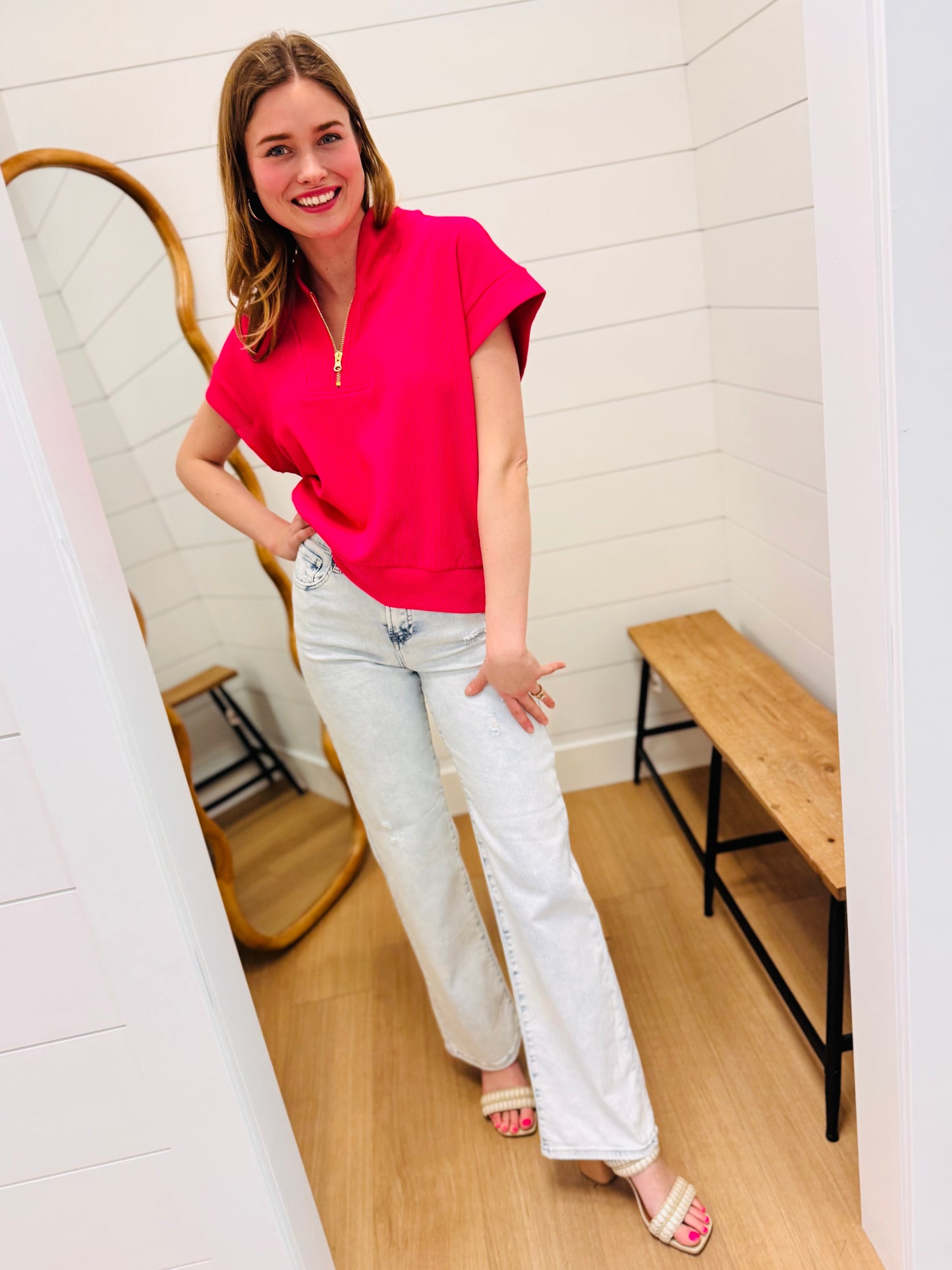 Half Zip Short Sleeve Top - Hot Pink