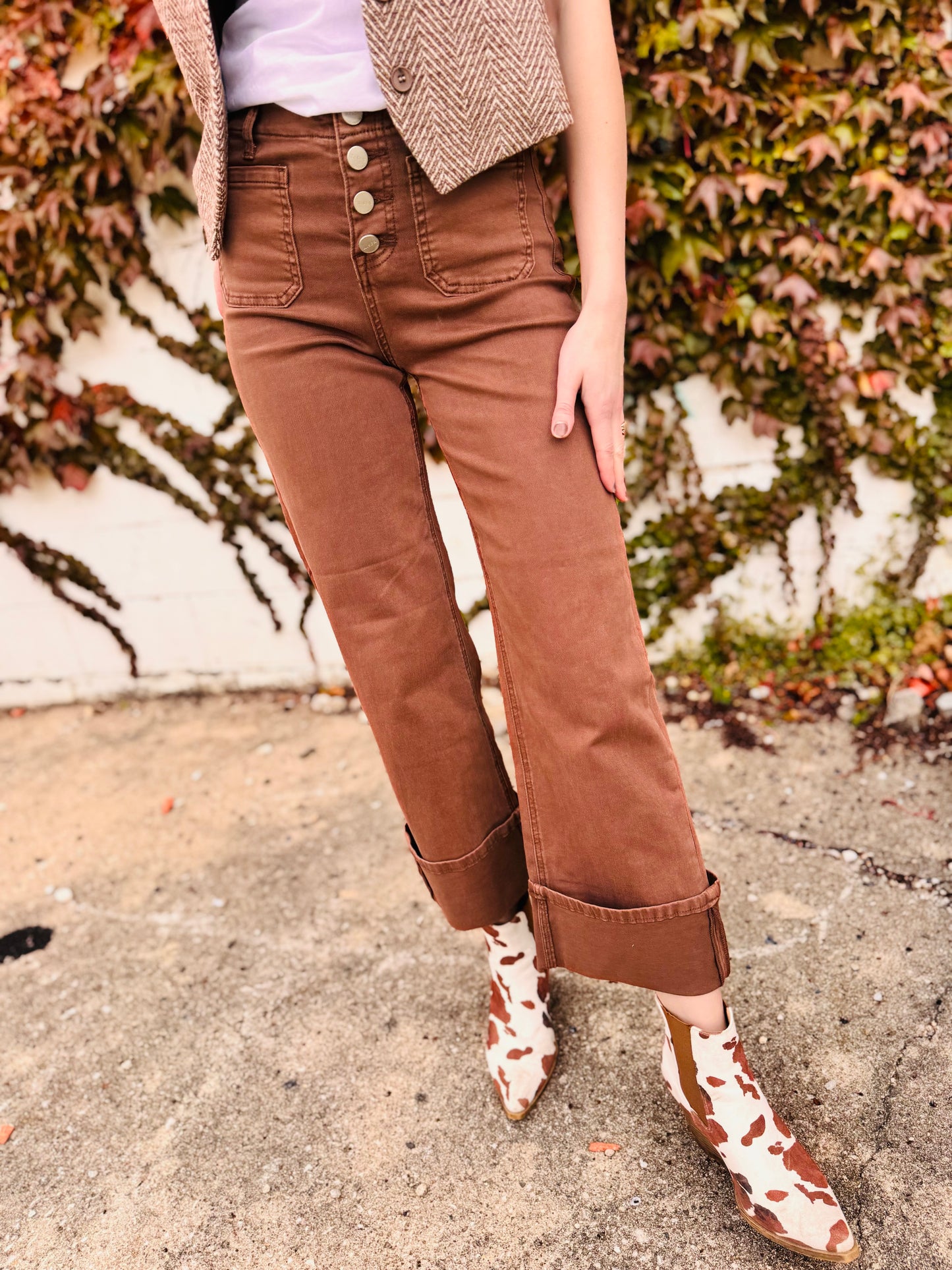 High Rise Wide Leg Front Patch Pocket Cuffed Pants