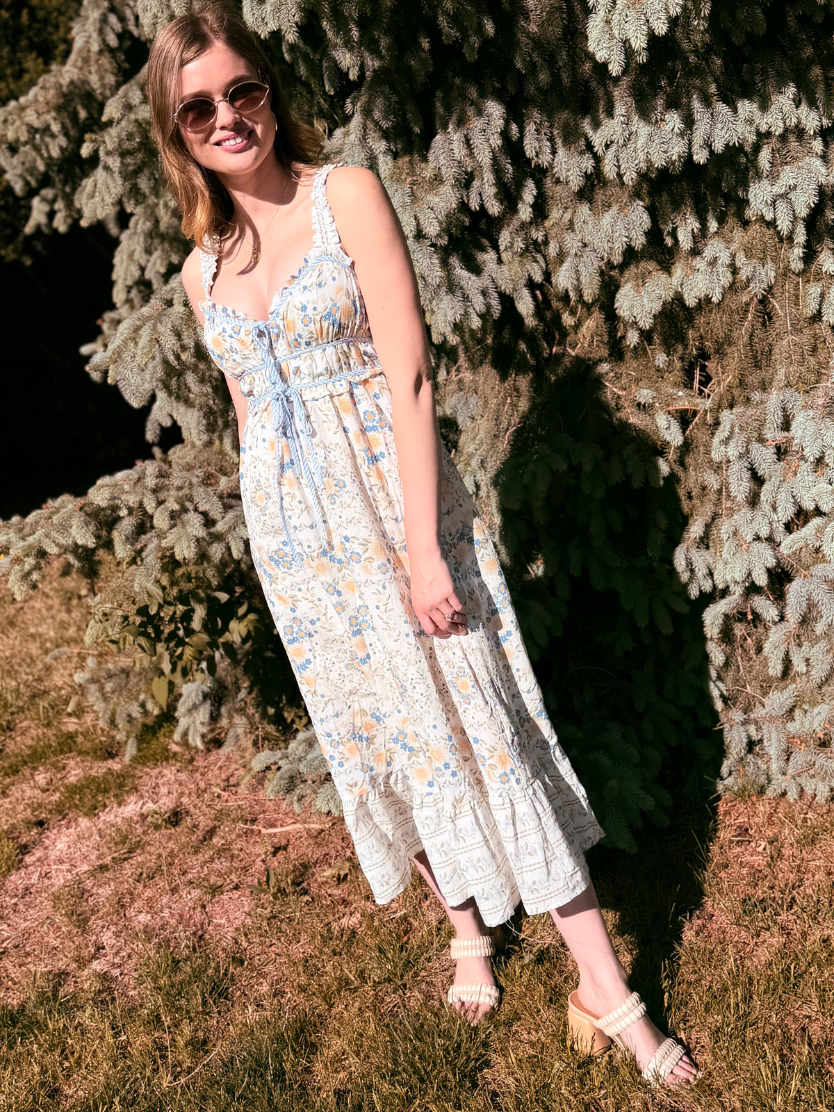 Border Floral Sleeveless Front Tie Midi Dress